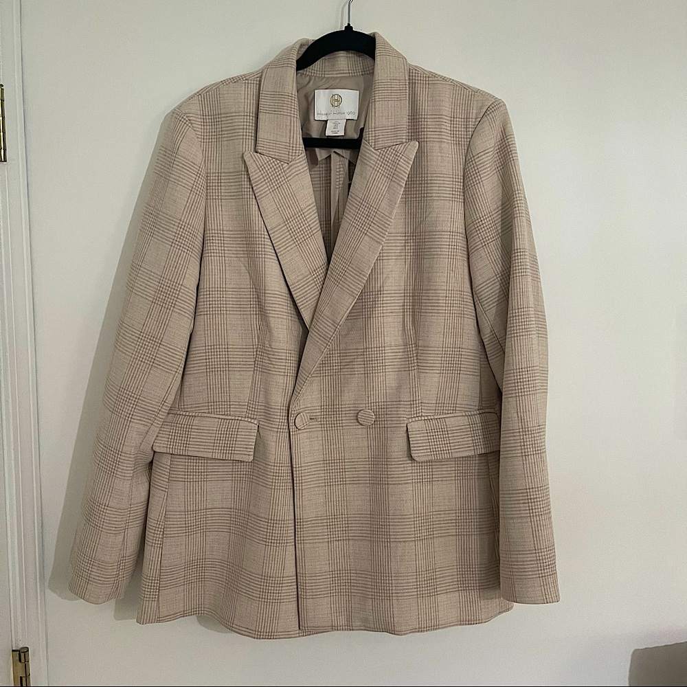 NEW House of Harlow Tan Nude Double Breast Plaid Blazer